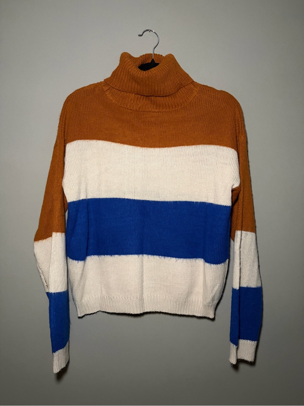 Polly & Esther Turtleneck Sweater Colorblock Striped Brown Blue Knit Pullover